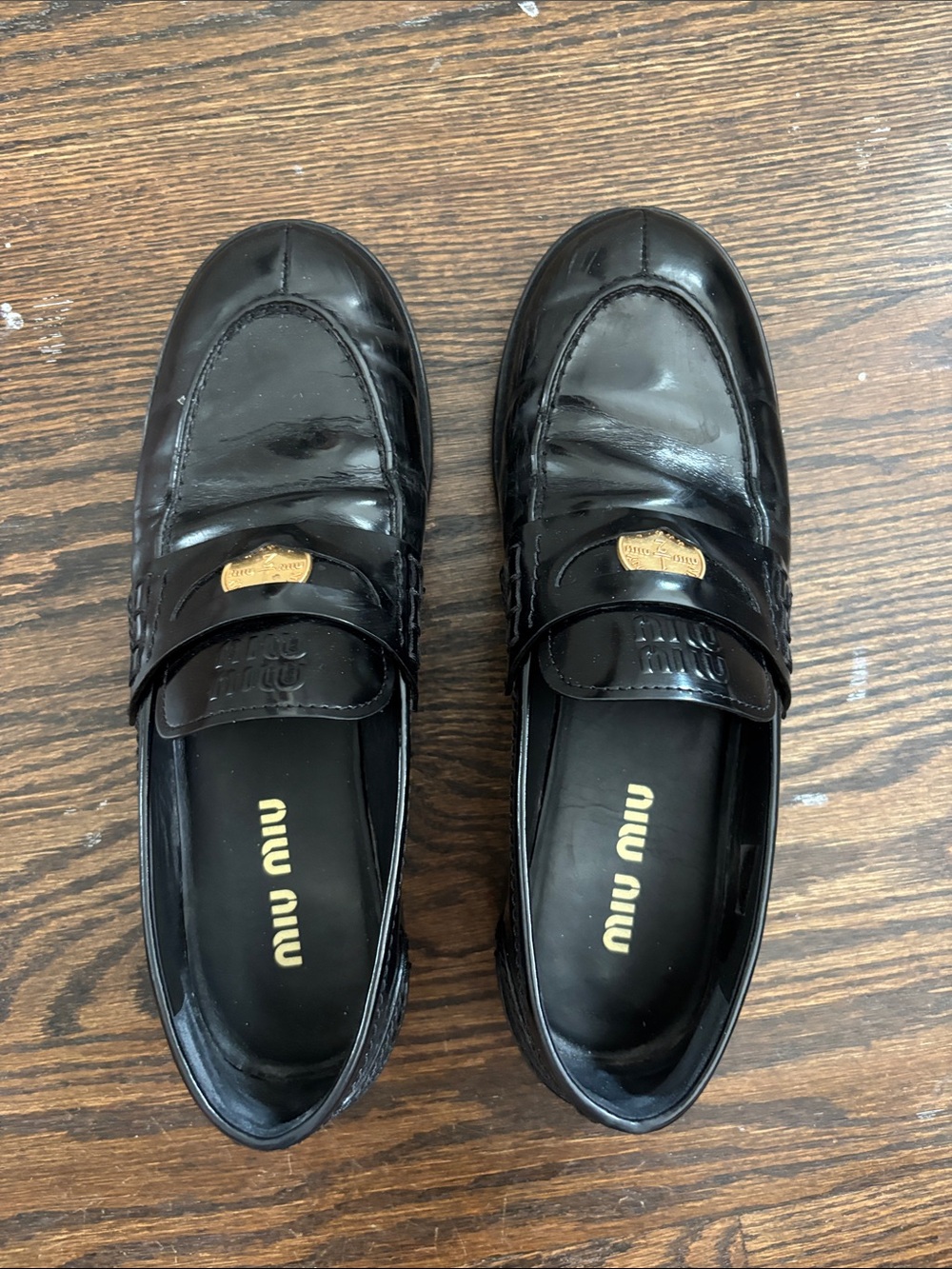 Miu Miu Black Leather Penny Loafers with Gold Accent - Picture 2 of 12
